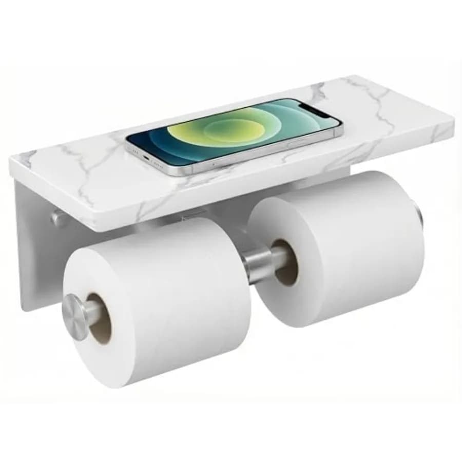 Toilet Paper Holder with Shelf, Marble Wall Mount Tissue Roll Holder for Bathroom, Washroom, 304 Double Commercial Toilet Tissu