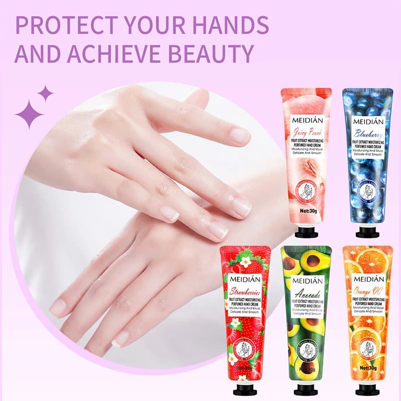 Set of bags for hands cream with fruit fragrance Meidian Set of 5 creams for hands moisturizing and moisturizing for autumn and winter Prevents dryness and cracking Set of moisturizing and nourishing hands for skin Combined packaging Christmas Gift Party Gift