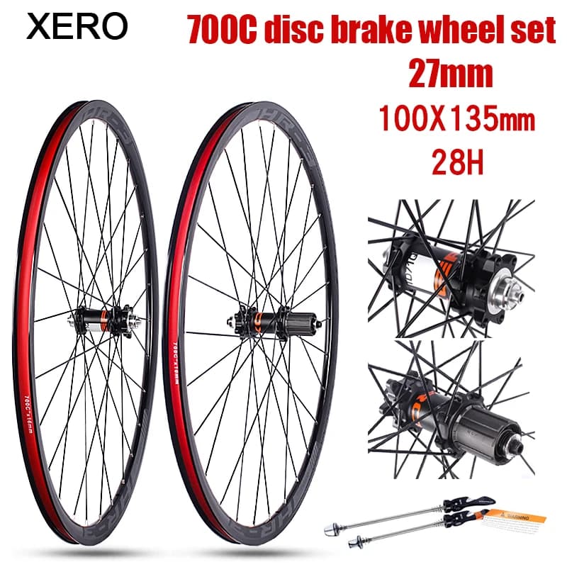 Set di ruote per bicicletta da strada XERO 700C con freno a disco, cuscinetti a trazione diretta, 28 fori, telaio alto 27 mm, set di ruote in lega di alluminio.