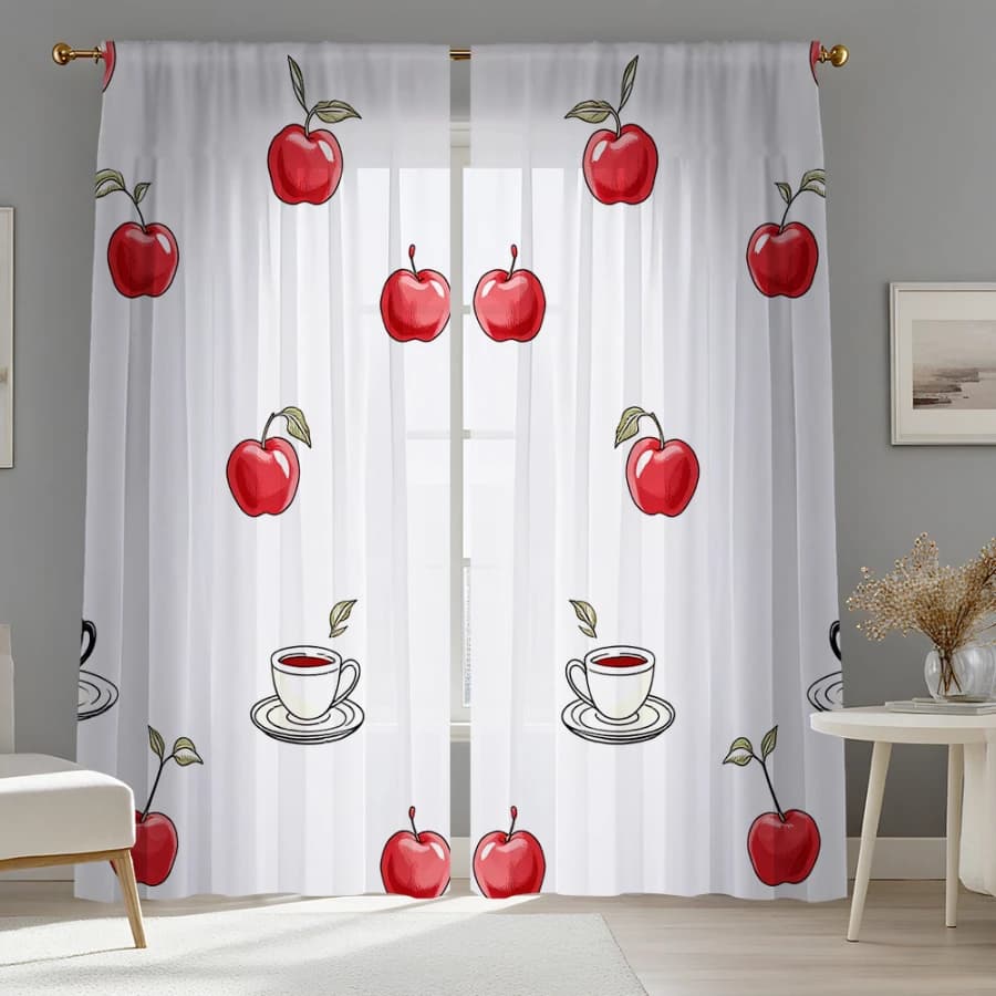 2PCS Digital Print Sheer Curtain, Red Apple Teacup, Modern Minimalist Window Curtains for Living Room Bedroom Home Decor