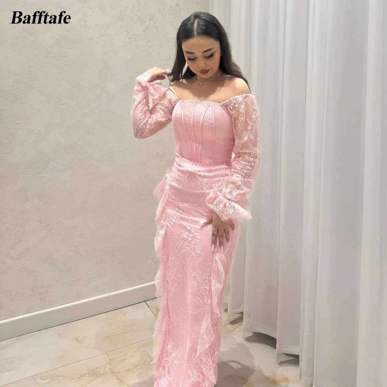 Bafftafe Abiti da sera personalizzati in pizzo rosa Sirena maniche lunghe Abito da ballo da donna Abiti da festa di compleanno formali per occasioni speciali