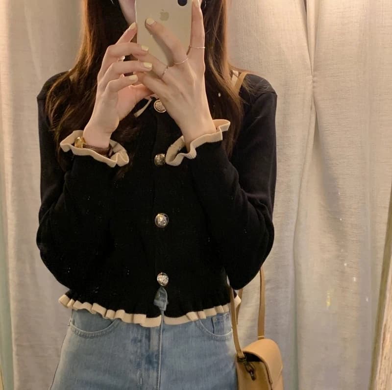 Cardigan in maglia da donna con colletto a bambola, taglia piccola, per primavera/estate, maglia aperta, top in maglia