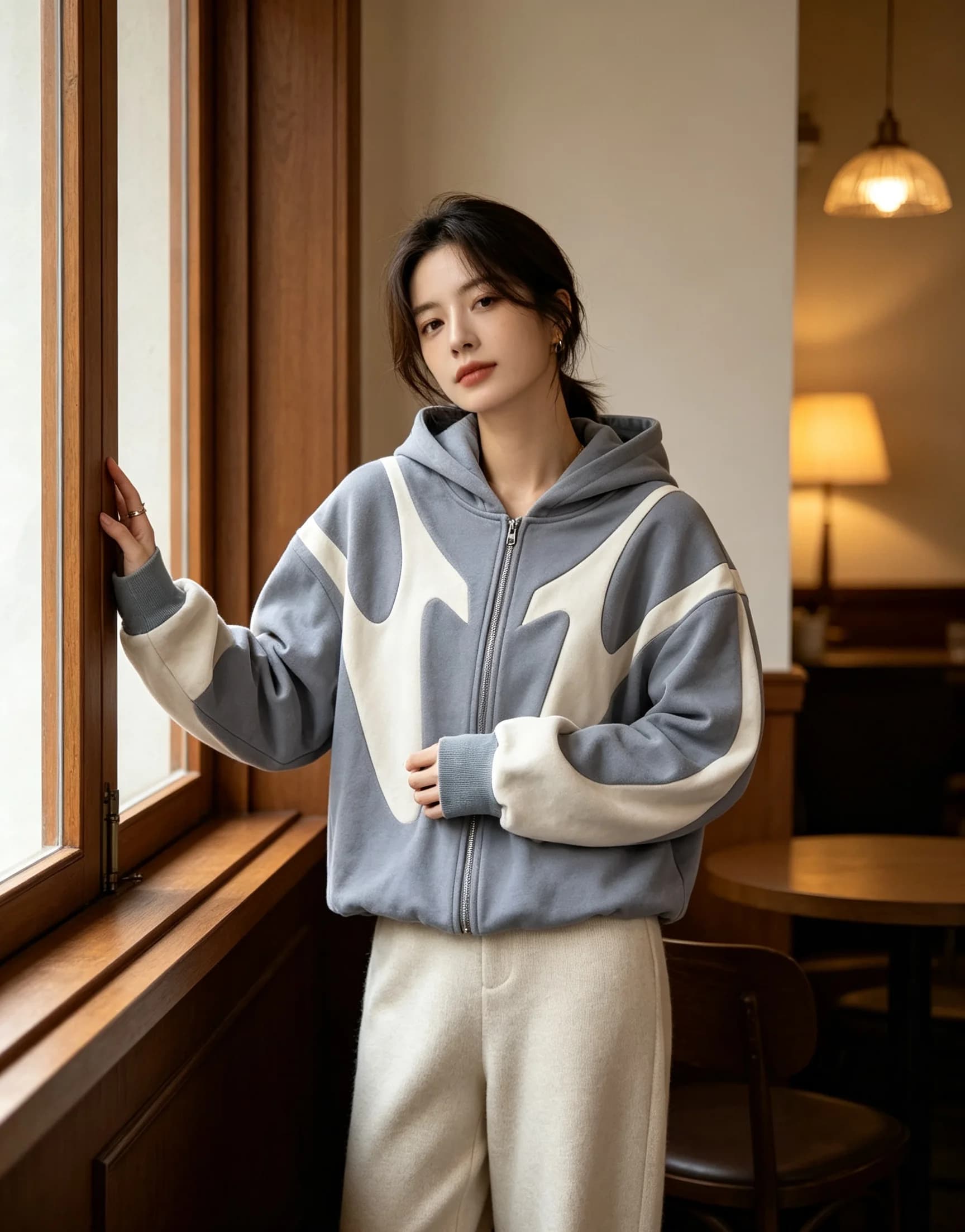 Men's Black‑Grey Color Block Zip‑Up Hoodie Abstract Panel Design Oversized Drop‑Shoulder Y2K Hip‑Hop Streetwear Long Sleeve Hood
