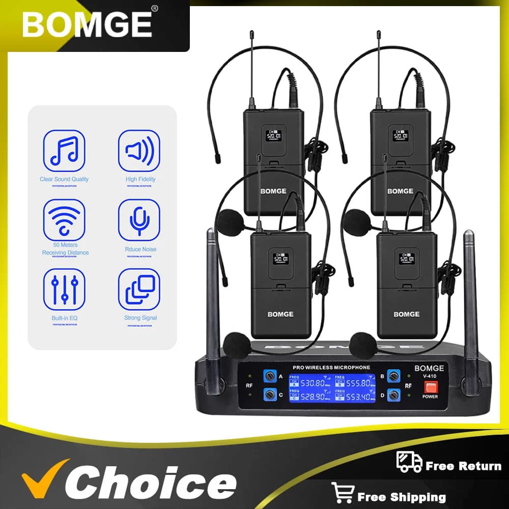 Sistema Microfonico Wireless BOMGE a 4 Canali con 4 Microfoni a Cuffia per Karaoke, Feste, Matrimoni, Chiese, Conferenze e Discorsi