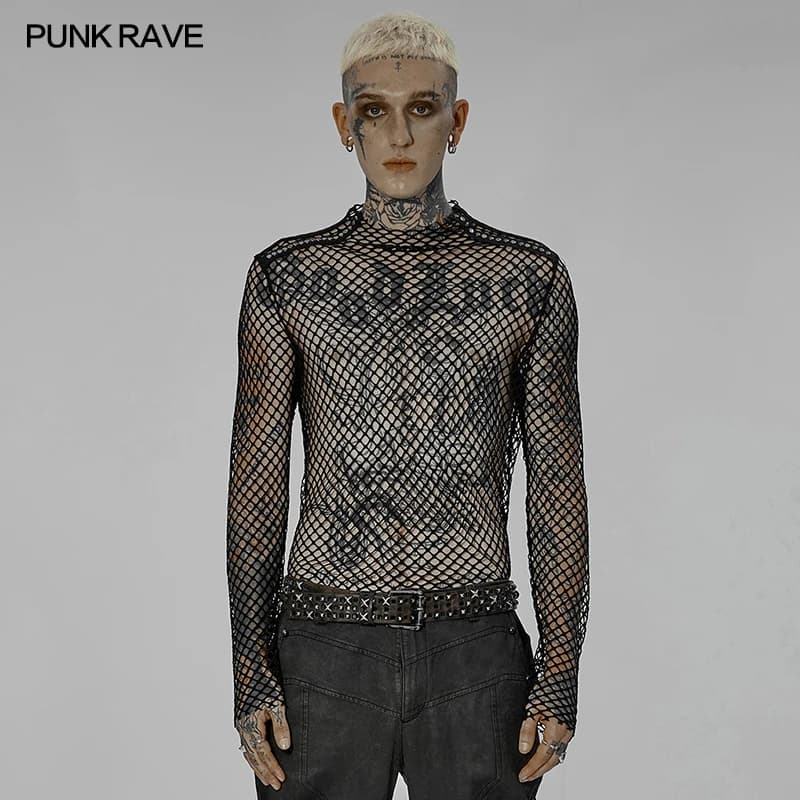 PUNK RAVE men's Punk Sexy garza bordi grezzi T-shirt Slim manica lunga top neri magliette primaverili ed estive per uomo