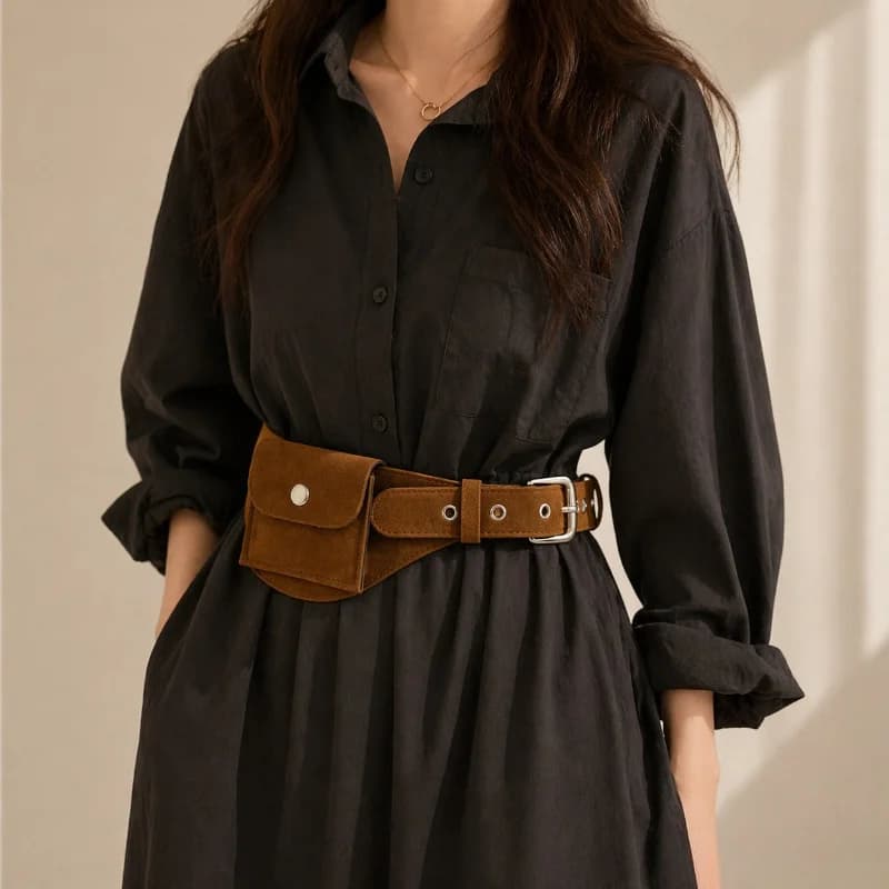 Fashionable Ethnic-Style Suede Wide Belt with Buckle Studs and Small Pouch Stylish Minimalist and Unique Waist Belt with Pocket
