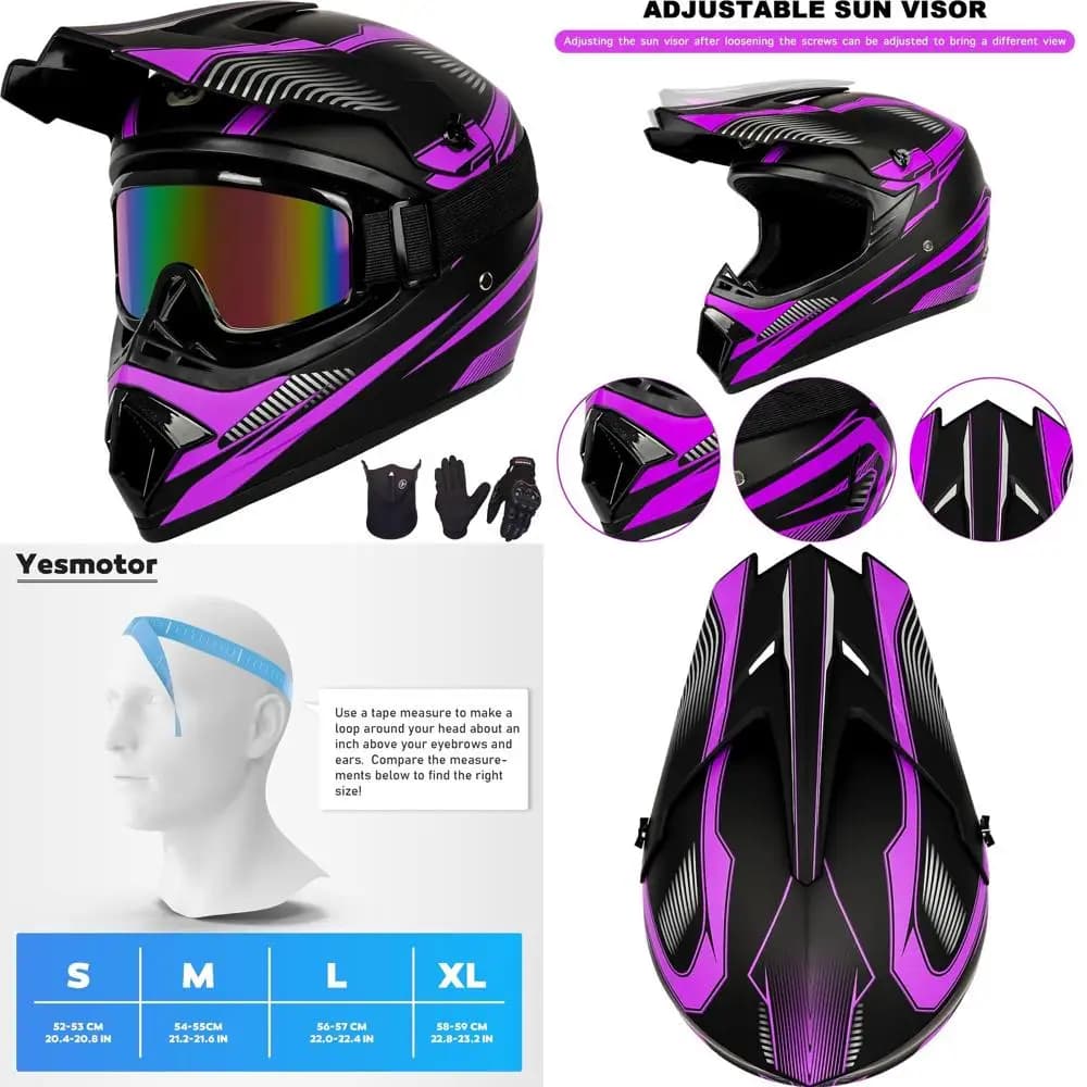 Set cross helmet for boys purple with gloves, glasses, children's mask 8-14, DOT certified safety equipment