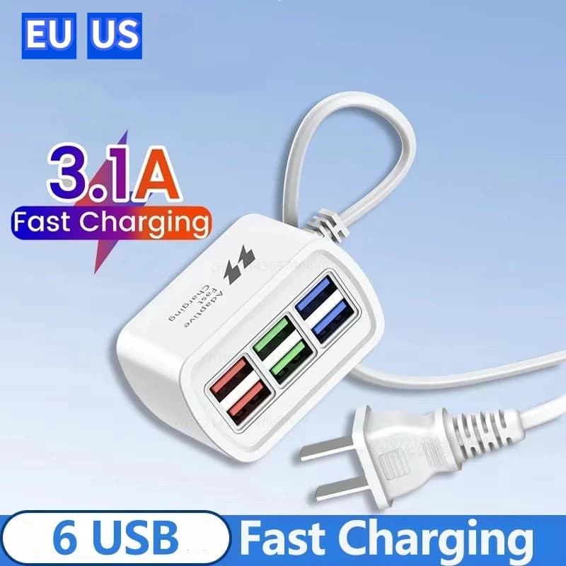 Caricatore USB Rapido 6 in 1, Stazione di Ricarica da Scrivania con Cavo da 1m, Hub USB, Adattatore, Presa di Estensione, Presa da Tavolo