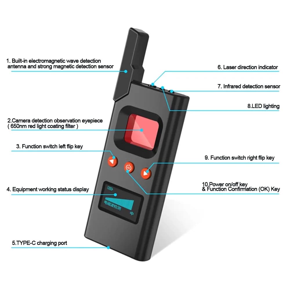 Rilevatore di Telecamere Nascoste DS618 Anti-Spionaggio Anti-Intercettazione Anti-Sorveglianza GPS con Visione Notturna e Rilevamento a Infrarossi
