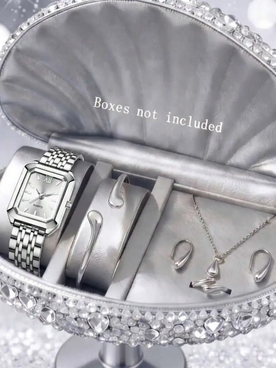 Set di Gioielli da Donna 6 Pezzi con Orologio al Quarzo, Bracciale, Collana, Orecchini e Anello - Elegante e Minimalista per Uso Quotidiano o Regalo per Feste