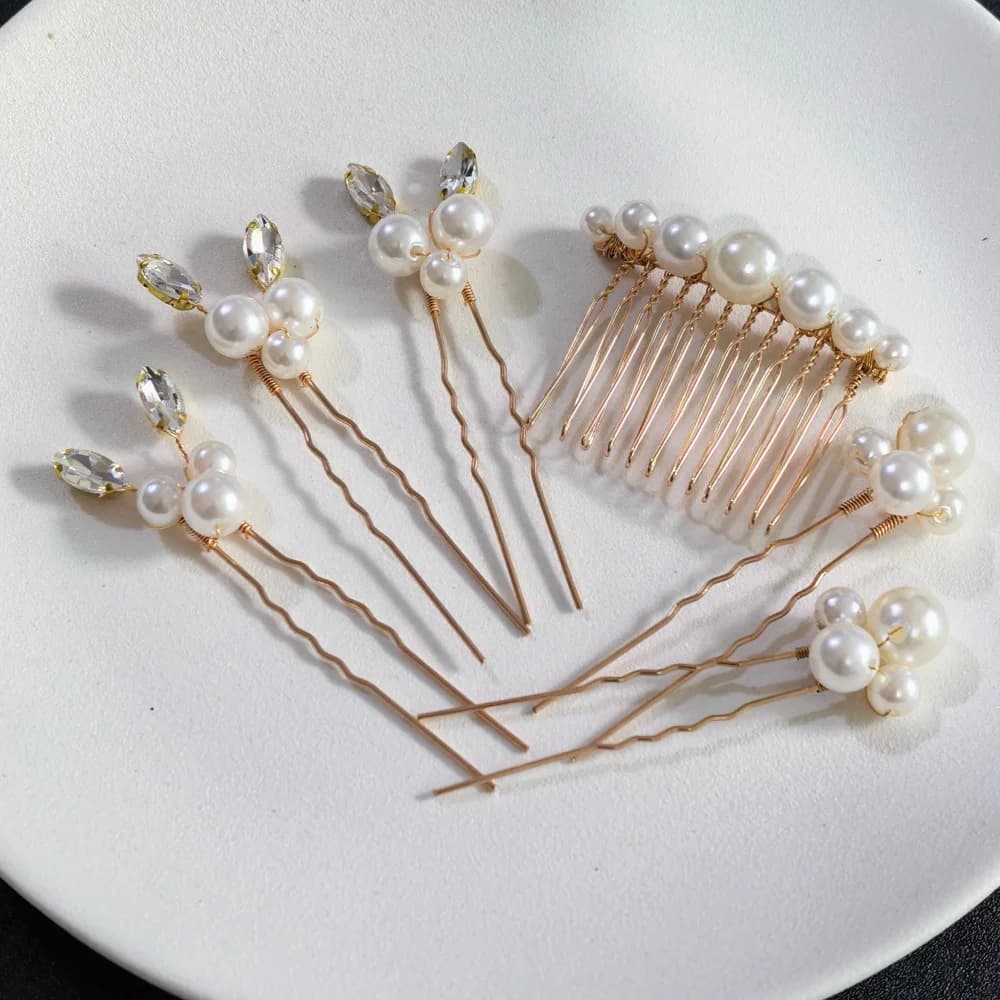 Pearl Crystal Hair Pins Comb Set Bridal Wedding Hair Accessories Handmade U-shaped Hairpins air Comb for Bridesmaids,Prom