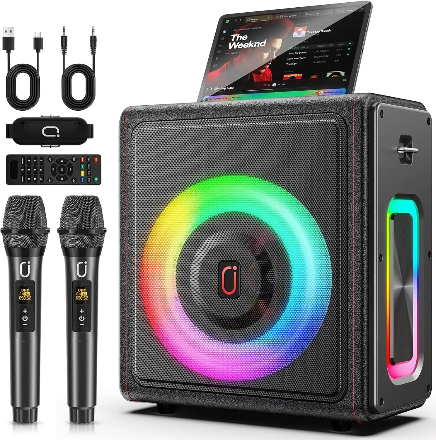 Macchina per Karaoke Portatile con Bluetooth 5.3, 2 Microfoni Wireless, Sistema PA per Feste in Casa, Supporta TWS/TF/USB/AUX