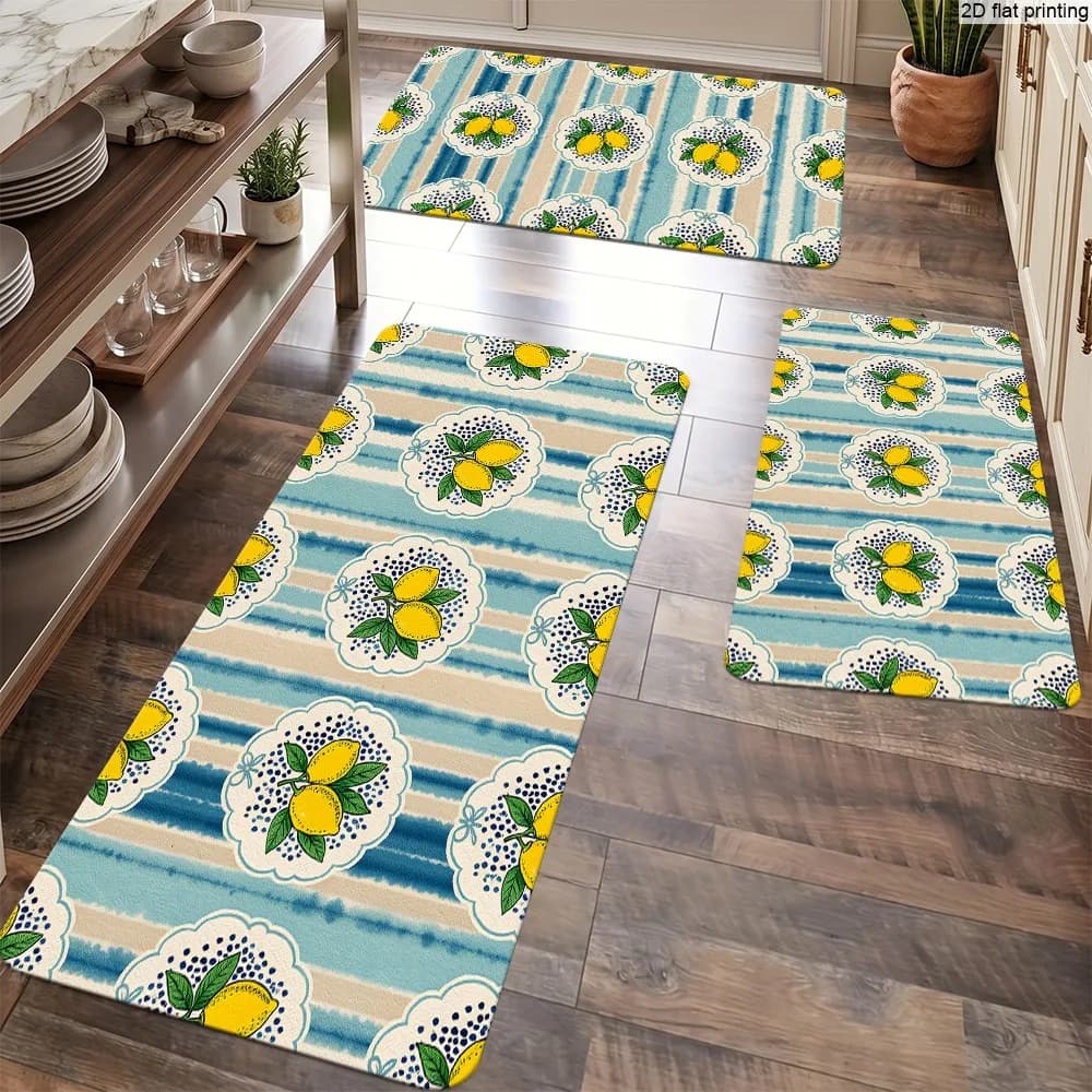 Simple and Fresh Lemon Stripe Print Small Carpet for Home Use in Bedroom, Living Room, Kitchen, Bathroom, Non-Slip and Water-Absorbent Foot Mat, Long Strip Bedside Door Mat, Entryway Floor Decorative Mat, 2D Flat Print, Stain-Resistant and Easy to Maintain