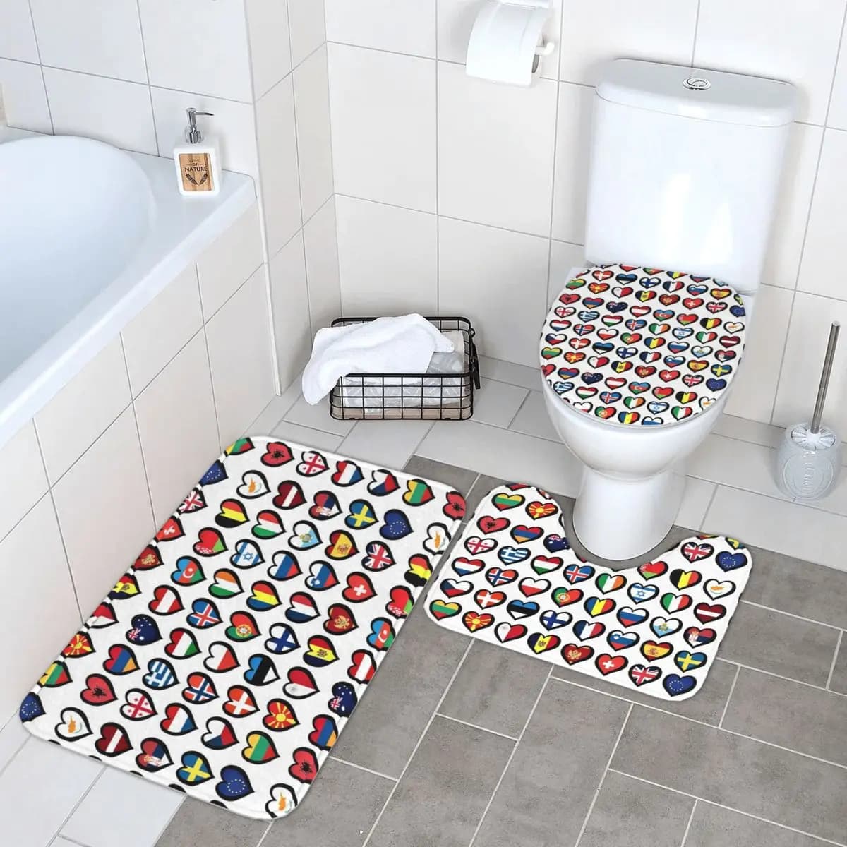 Eurovision Song Contest Bandiere Cuori ESC EBU Eurofans 3 pezzi Tappetino da bagno Set da bagno Copriwater Decorazioni per la casa Tappeto da pavimento