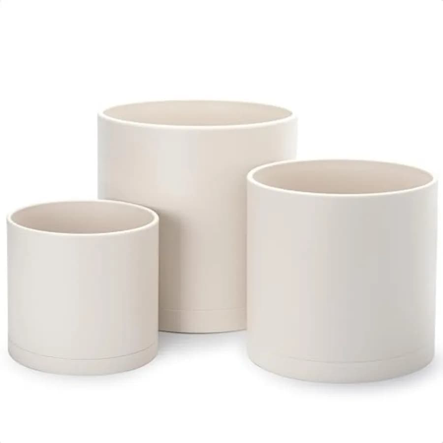 Planting pots set of 3 for indoor outdoor use, plastic material, oatmeal color, seamless saucers and drainage holes, 8 10 12 in