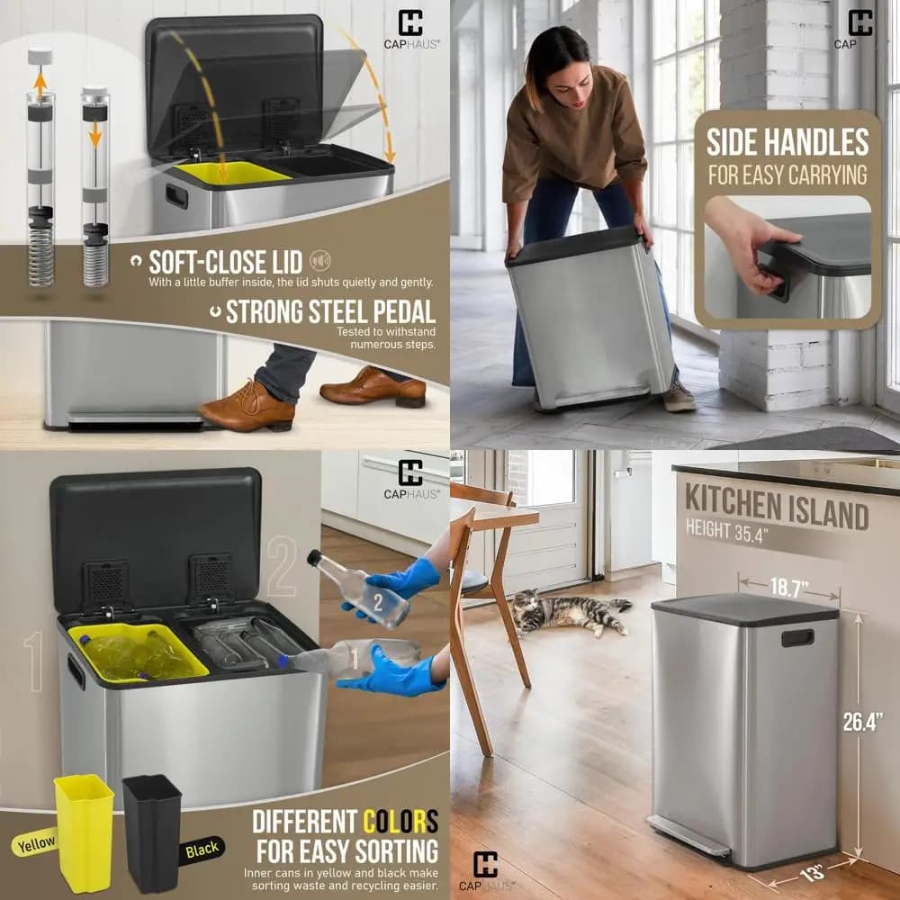 Bidone per Rifiuti e Riciclaggio in Acciaio Inox a Doppio Uso con Coperchio a Cerniera, Filtro Anti-Odore, 30L Ciascuno