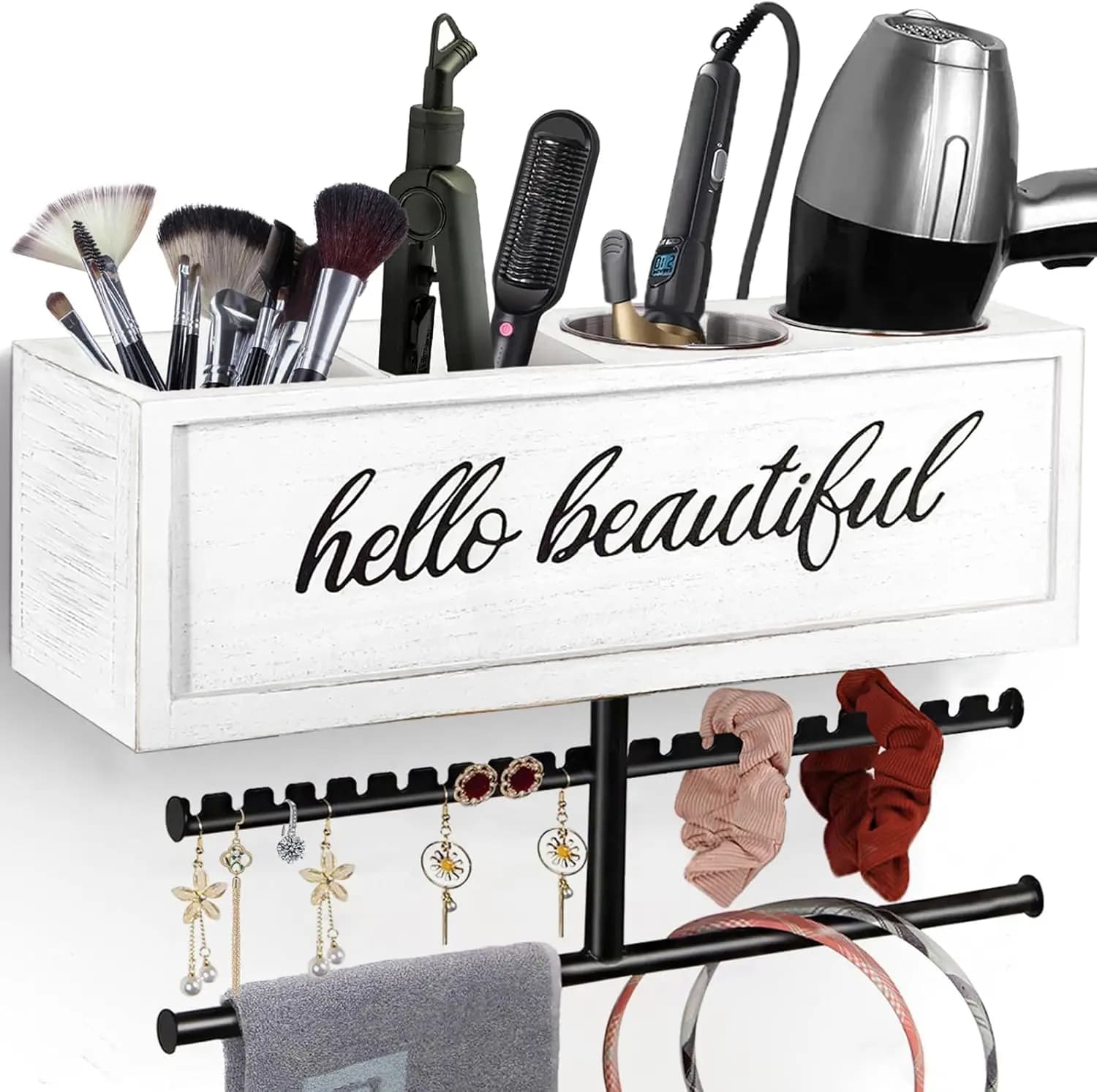 Supporto Rustico da Parete per Asciugacapelli, Organizzatore per Strumenti di Styling e Accessori da Bagno, Portaoggetti per Piastra e Ferro Arricciacapelli
