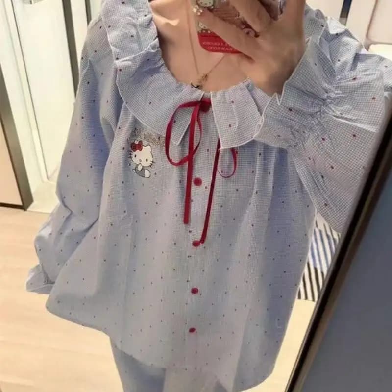 Pigiama alla Moda con Colletto a Bambola per Ragazze, Set Due Pezzi con Maniche Lunghe e Pantaloni in Pizzo, Assorbente e Confortevole