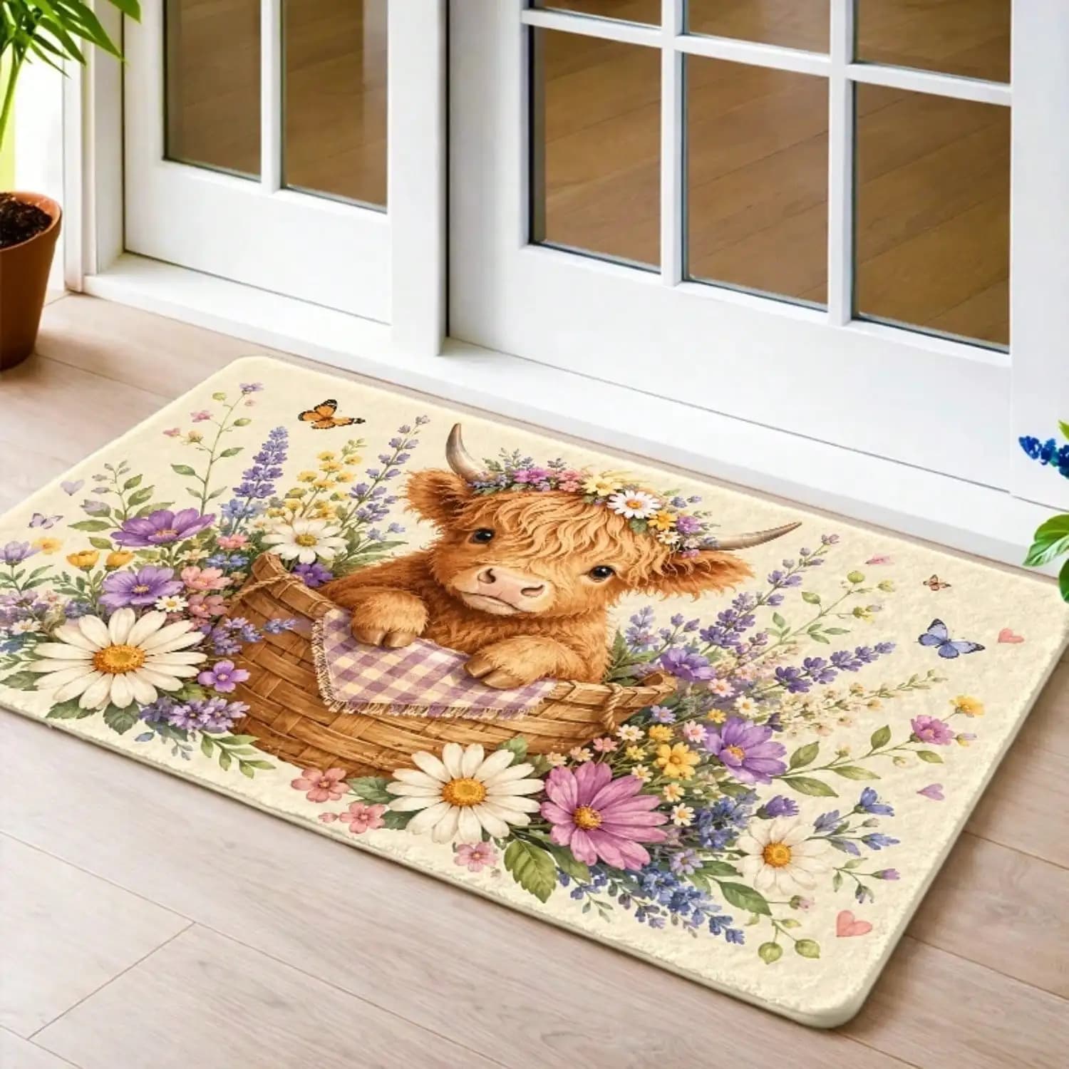 1pc, Cute Highland Cow In Basket With Flowers Pattern Doormats, Bath Mat, Durable, Machine-Washable, Indoor Universal Doormat, Entrance Rug, Kitchen Mat