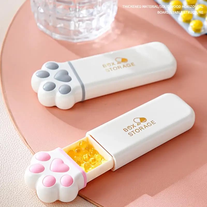 Mini storage box for medicines with cat claw, portable daily pill holder, travel organizer container, fish oil pills dispenser box