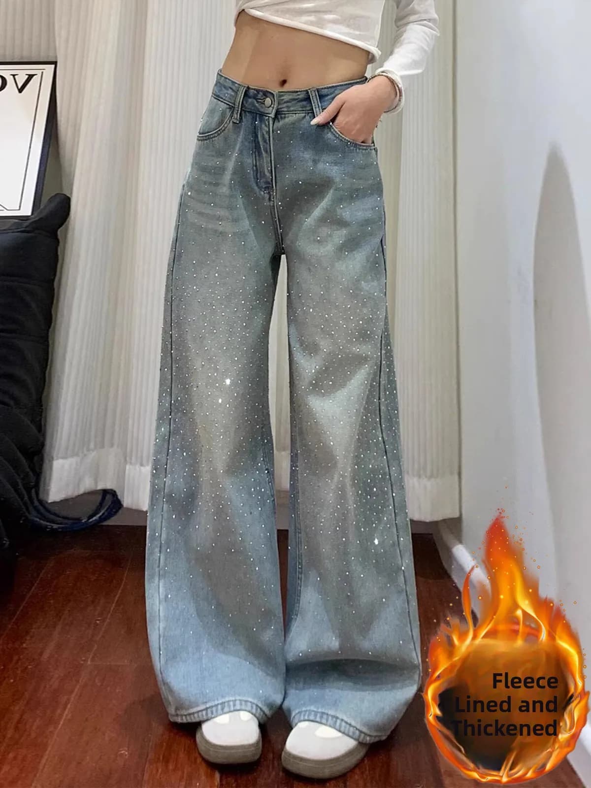 Jeans a Vita Alta Svasati da Donna, Foderati in Pile, Taglio Dritto Ampio, con Diamanti Scintillanti, Pantaloni Casual Primavera 2026