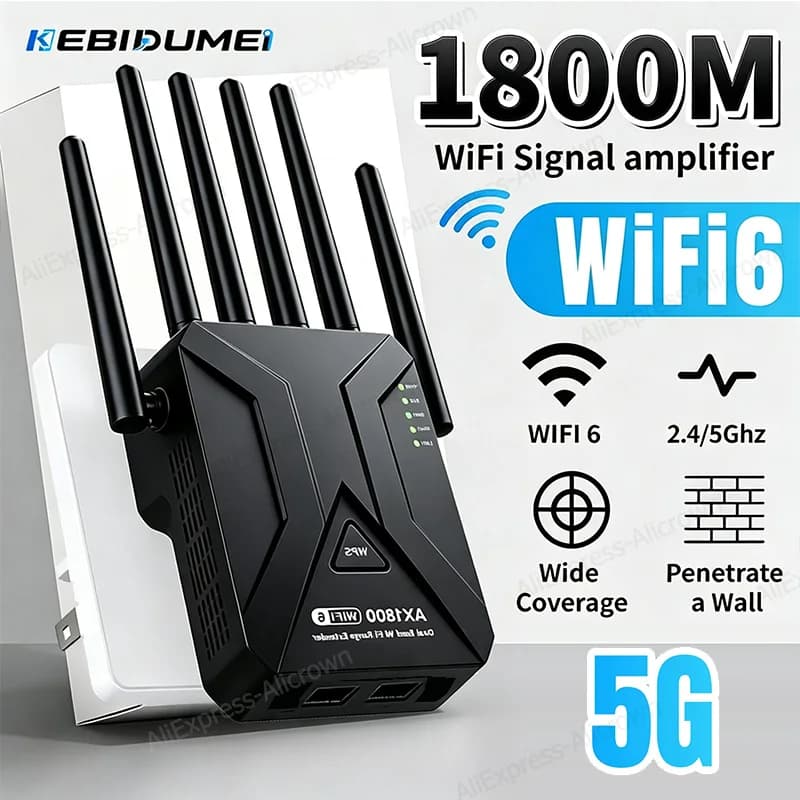 KEBIDUMEI 1800Mbps WiFi Repeater 6-antenna Signal Booster Repeater 5GHz 2.4GHz Long Range Network 1200Mbps Wlan for Office Home