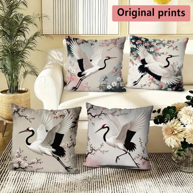 Crane & Cherry Blossom Decorative Throw Pillow Covers Pattern Cushion Cover Suitable For Sofa Bedroom Car Pillow Cover