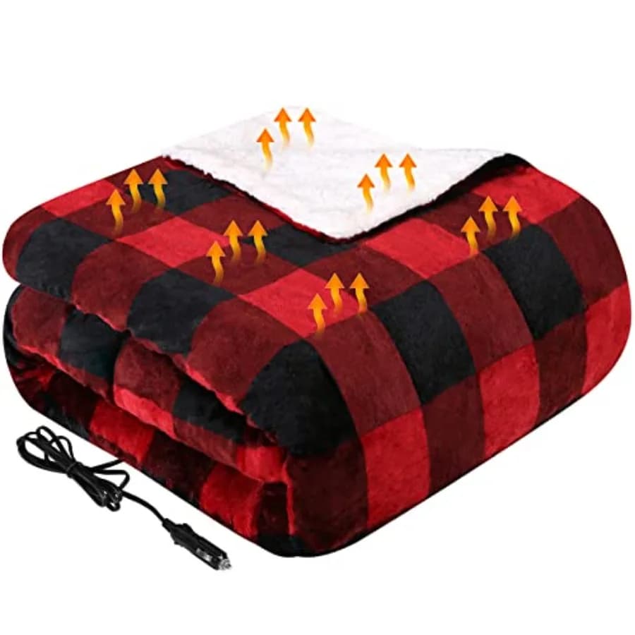 Coperta Riscaldante per Auto 12 Volt, Coperta Elettrica Portatile per Auto, Camion, SUV, Camper, Plaid Rosso Buffalo 59" x 43"