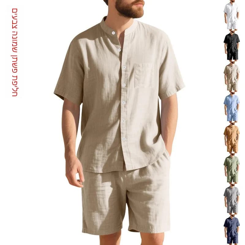 Loose Linen Hawaiian Summer Men's Shirt And Shorts Set Henry Collar Beachwear Short Sleeve Clothing Set for Men Summer Outfit