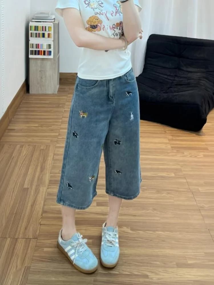 plus Size American Style Embroidered Wide Leg Seven Inch Jeans Women Summer Loose Straight Thin Denim Pants High Waist