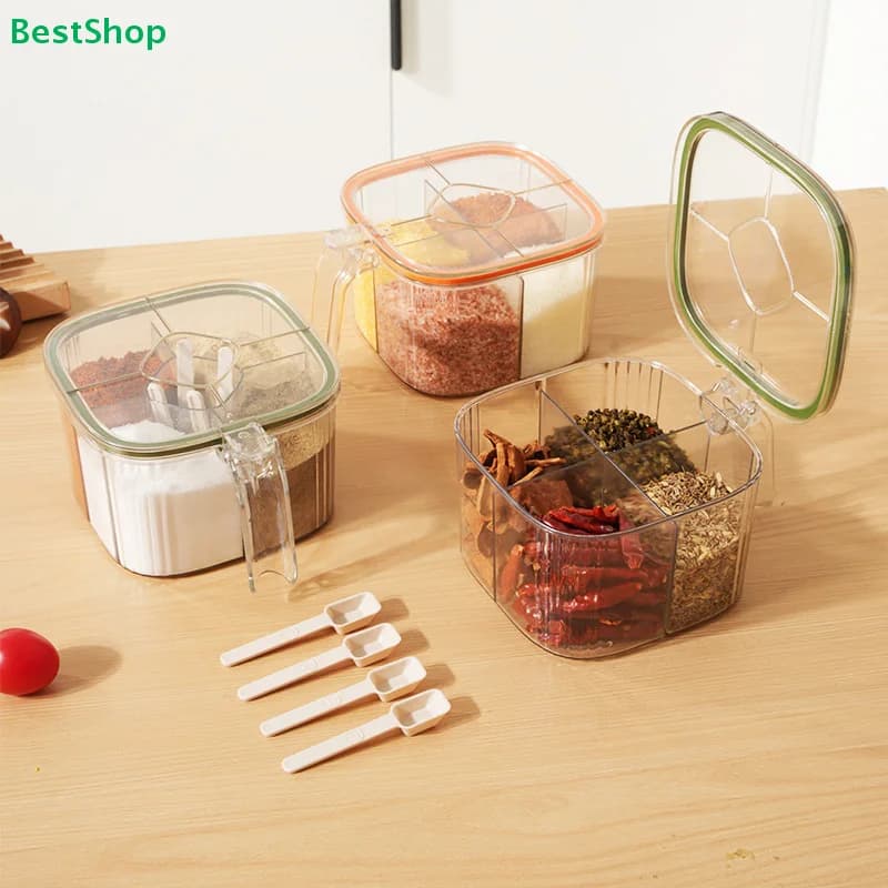 Set di Contenitori per Spezie 4-in-1 Trasparenti con Coperchio e Cucchiai, Barattoli Sigillati per Conservazione in Cucina