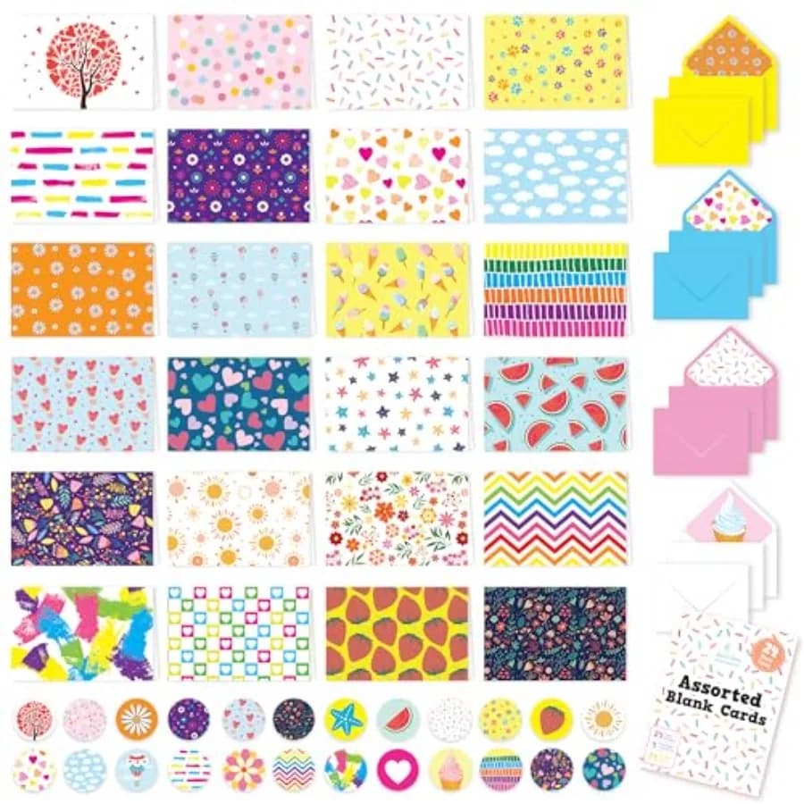 24 Pack 6x4in Assorted Blank Cards with Envelopes and Stickers, 24 Unique Colorful Designs for and Adults, Friends and Loved On