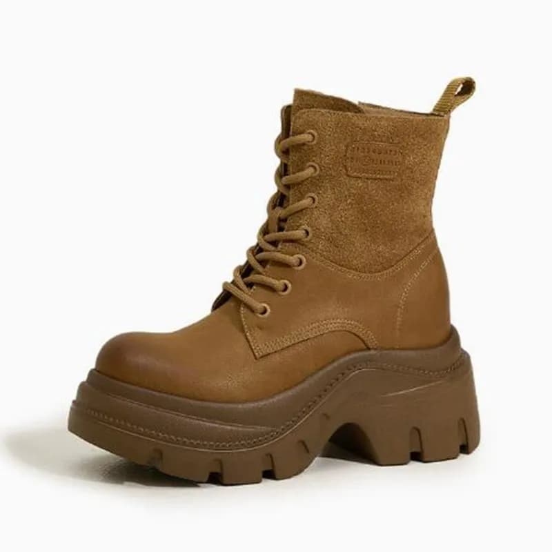 9.5CM Autumn Winter Thick Platform Women Short Boots Lace Up Ankle Boots Leather Chunky Sneakers Motorcycle Shoes Botas Mujer