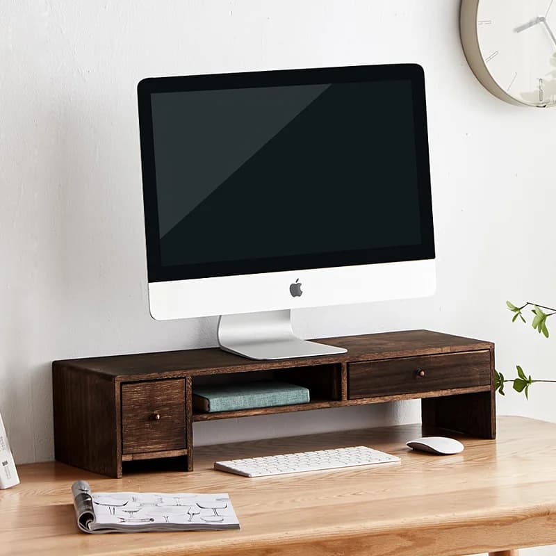 Wooden Monitor Stand Riser 2 Layer Desk Organizer with Drawer Space Saving Laptop Stand Ergonomic Computer Shelf for Home Office