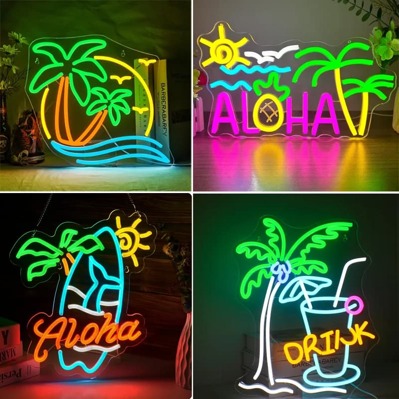 Albero di cocco Delfino Insegna al neon Logo Decorazione da parete Tropicale Hawaii Onde del sole Ananas Hawaii Party Tiki Bar Beach Party Compleanno