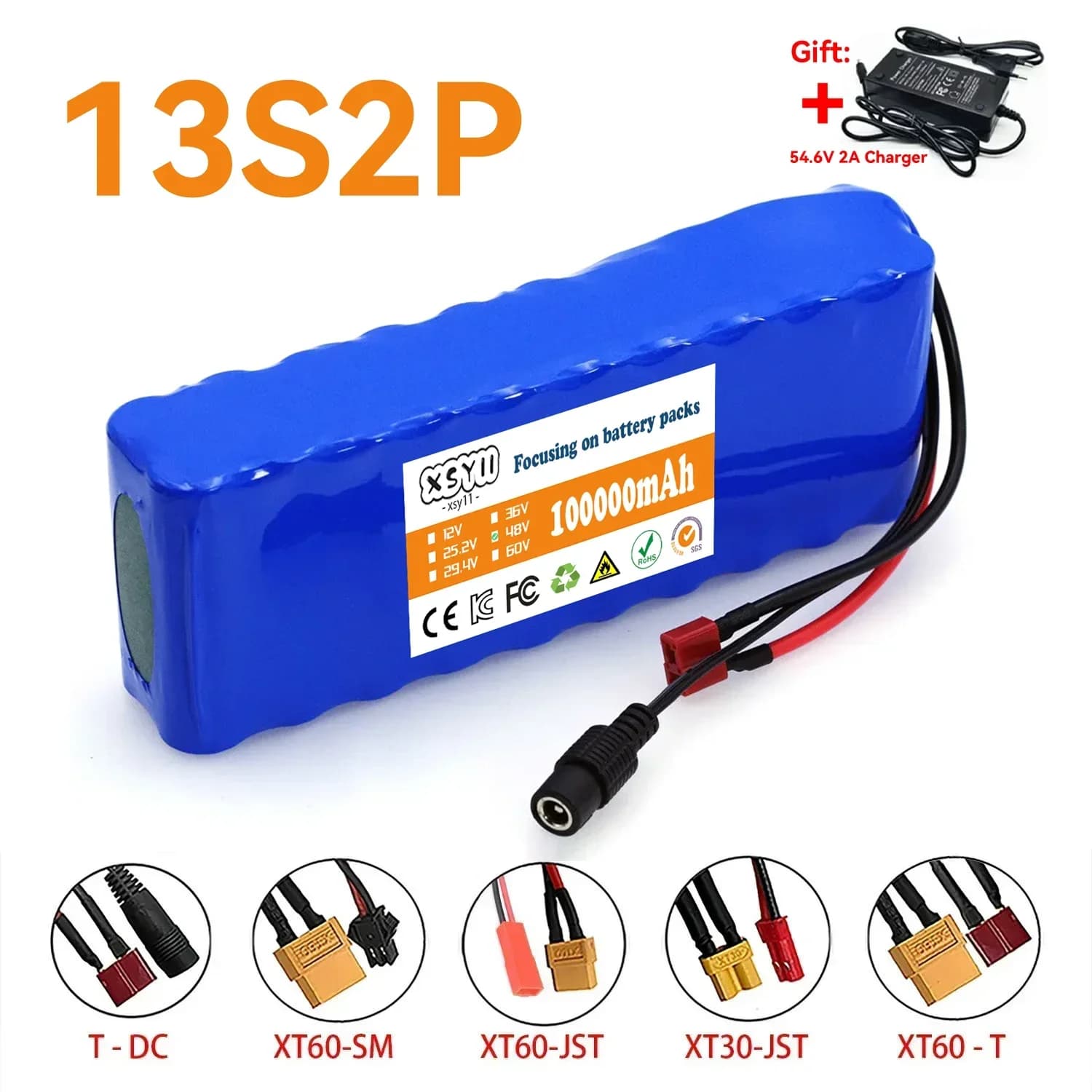 13 s2p 48V 100Ah batteria ad alta potenza 18650 veicolo elettrico moto elettrica batteria fai da te con caricatore BMS + 54.6V 2A