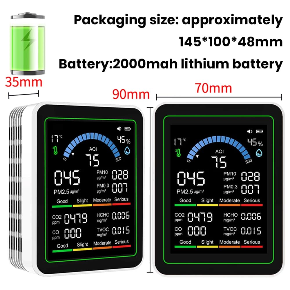 10-in-1 Air Quality Monitor Carbon Dioxide Monitor Formaldehyde Detector Temperature and Humidity Monitor 1PC