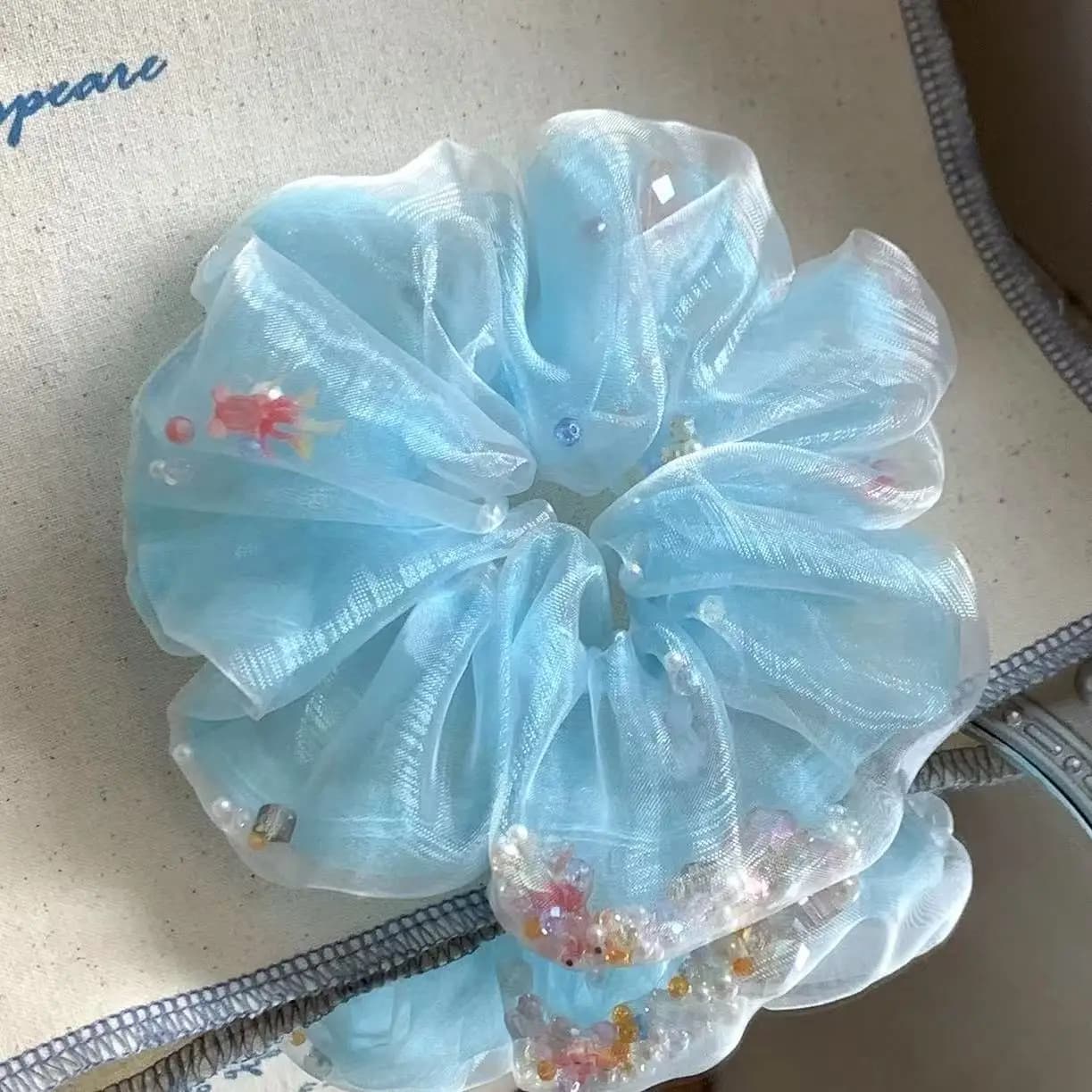 1Pc Elegant Light Blue Organza Scrunchie With Goldfish & Bead Details: Fairy - Like Hair Accessory For Women, Perfect For Daily