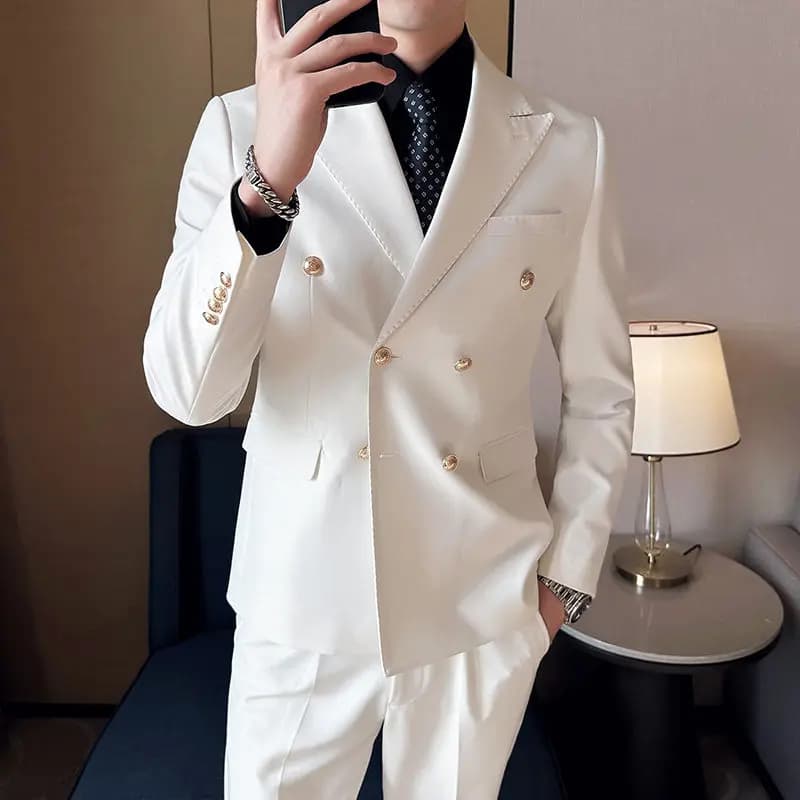 (Giacche + pantaloni) Ultimo design con bottoni dorati doppio petto abito da uomo sposo matrimonio palcoscenico smoking uomo slim fit business abito sociale