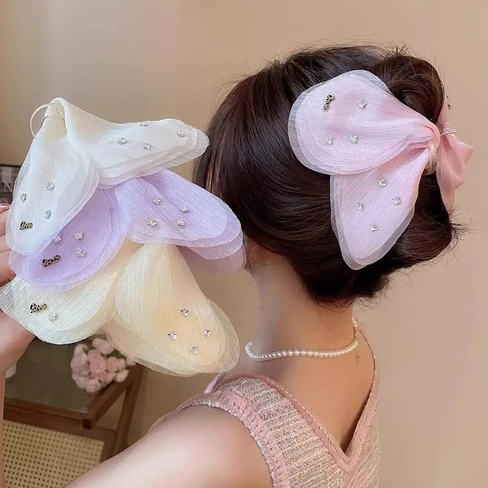 Chiffon Bow Acrylic Hair Clips for Women Sparkling Butterfly Rhinestones Shark Clips Elegant Accessories Daily Party K