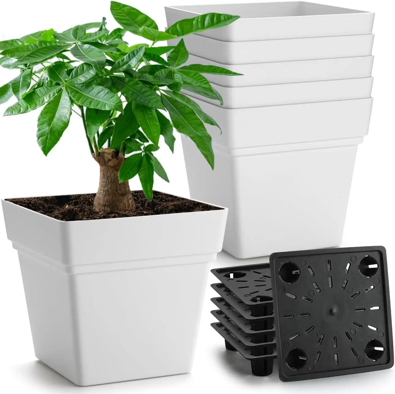 Set of 6 Vases Square 7 Inches, Resistant, White, with Drainage Tray and Indoor Plant Carpet, Without BPA
