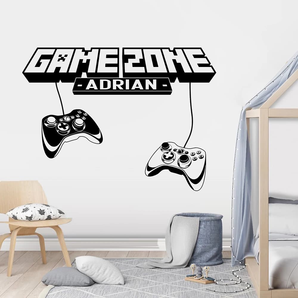 Nome personalizzato zona di gioco Controller adesivo da parete decalcomania ragazzo stanza dei giochi Graffiti videogioco Joystick sala giochi decorazioni per la casa