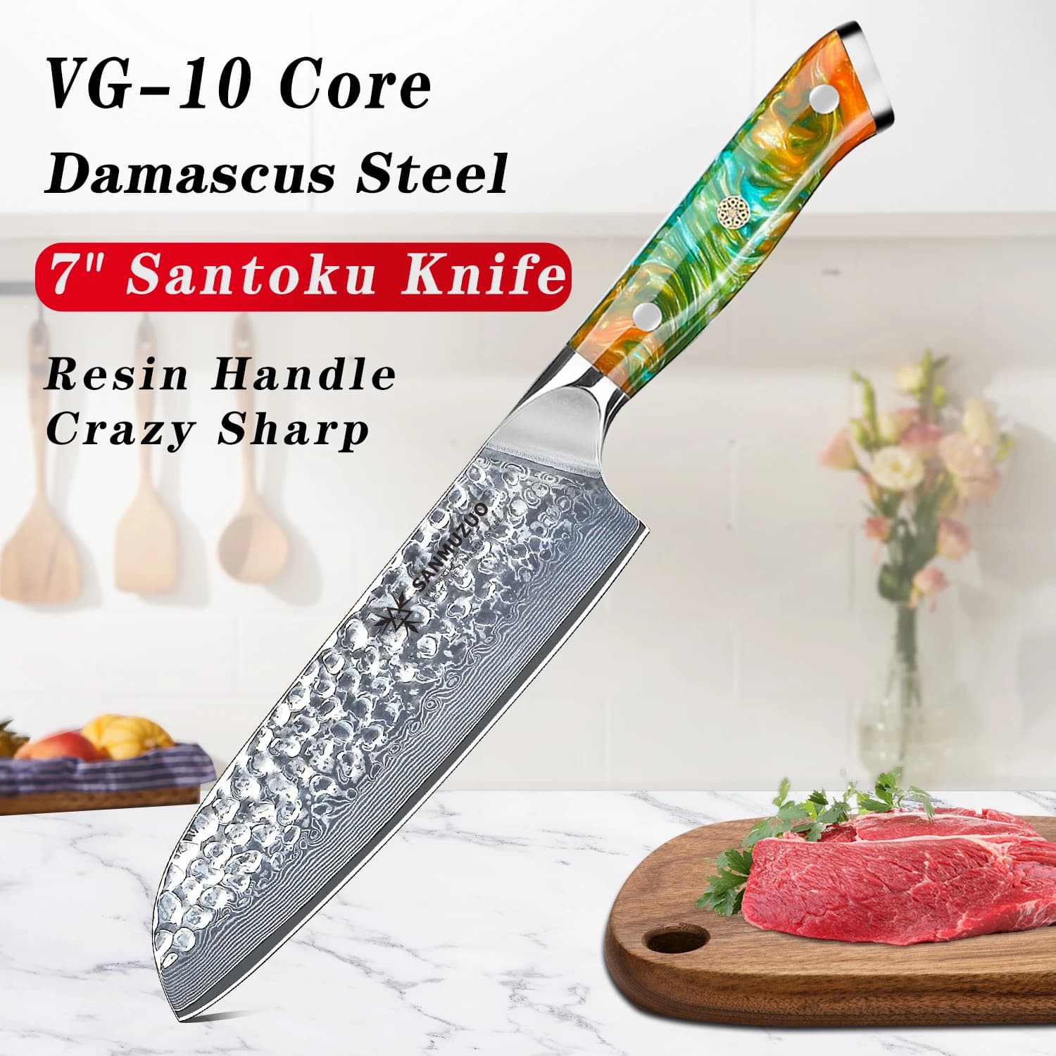 7 inch santuzuo knife - Santoku-serie Yao- kitchen knife in damask steel VG10-manic resin