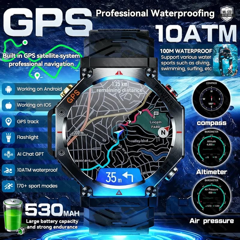 Nuovo Smartwatch 2026 per Adulti, GPS, Bussola, Altimetro, Impermeabile 10ATM, Batteria 530mAh, Chiamate BT, Certificato MIL-STD