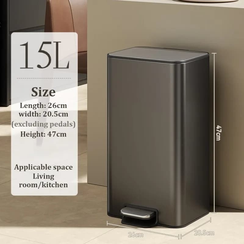 15L Pedal Trash Can Close Stainless Steel Kitchen Garbage Bin Rectangular Foot Operated Luxury Waste Basket for Home Office