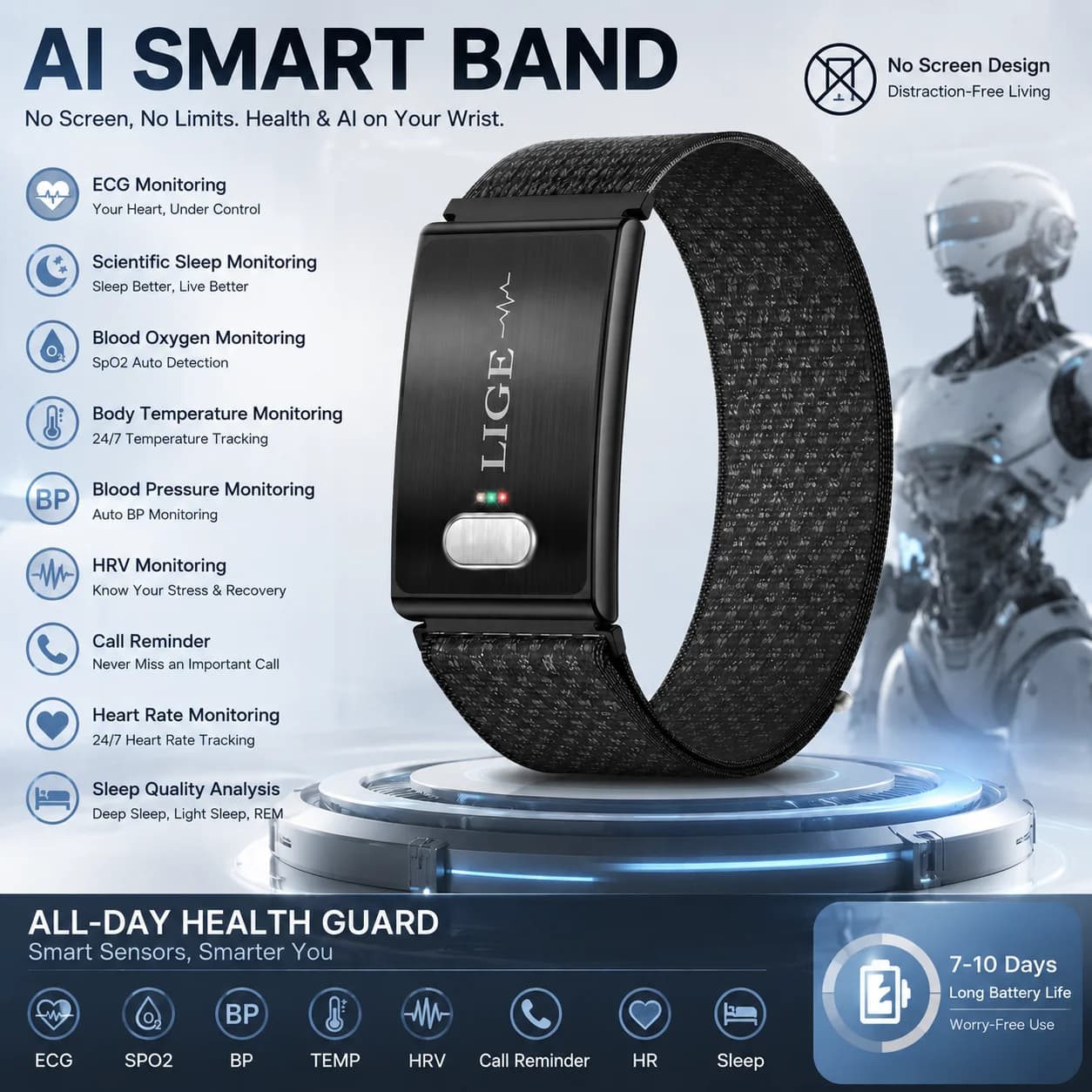 LIGE New ECG+PPG Smart Bracelet Heart Rate Monitor Pedometer Thermometer IP68 Waterproof 188+Sports Tracker Smart Watch For Men