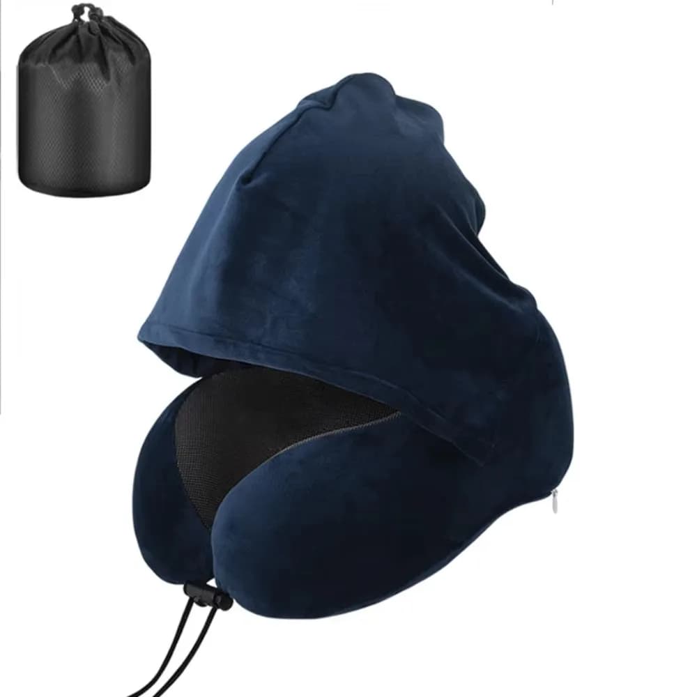 Cuscino da Viaggio Rimovibile con Fodera Lavabile e Borsa Portaoggetti, Cuscino con Cappuccio Comodo e Regolabile a Forma di U