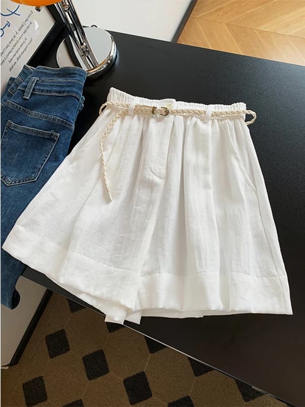 Pantaloncini Estivi Sottili da Donna in Seta Ghiaccio e Lino, Vita Alta Elastica, Modello a Trapezio, Lunghezza al Ginocchio, Hot Pants