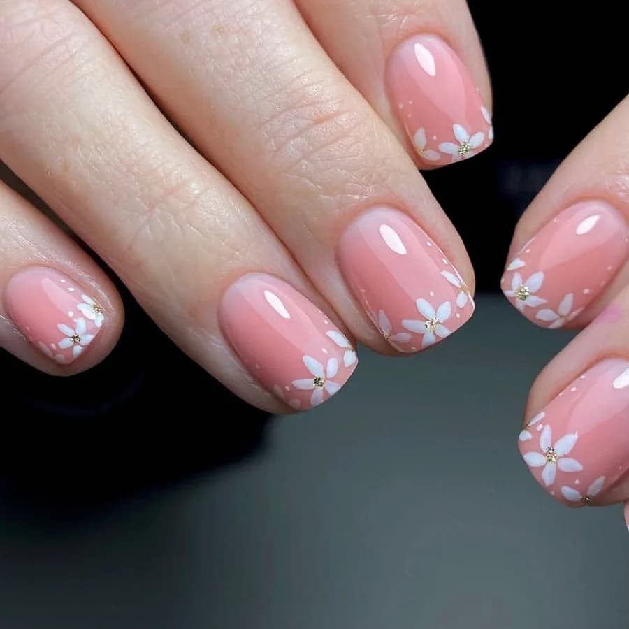 24 pezzi indossabili unghie finte arte rosa corto quadrato set di unghie finte semplice fiore glitter design stampa sulle unghie punta manicure riutilizzabile