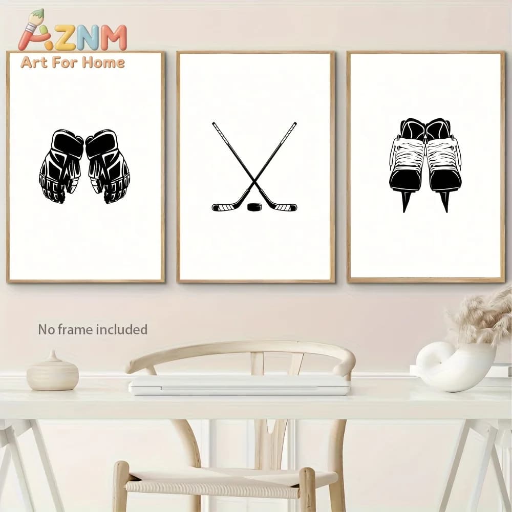 Set di 3 poster minimalisti in bianco e nero per sport su ghiaccio, pattini, guanti da hockey, decorazione per la casa in tela senza cornice, regalo